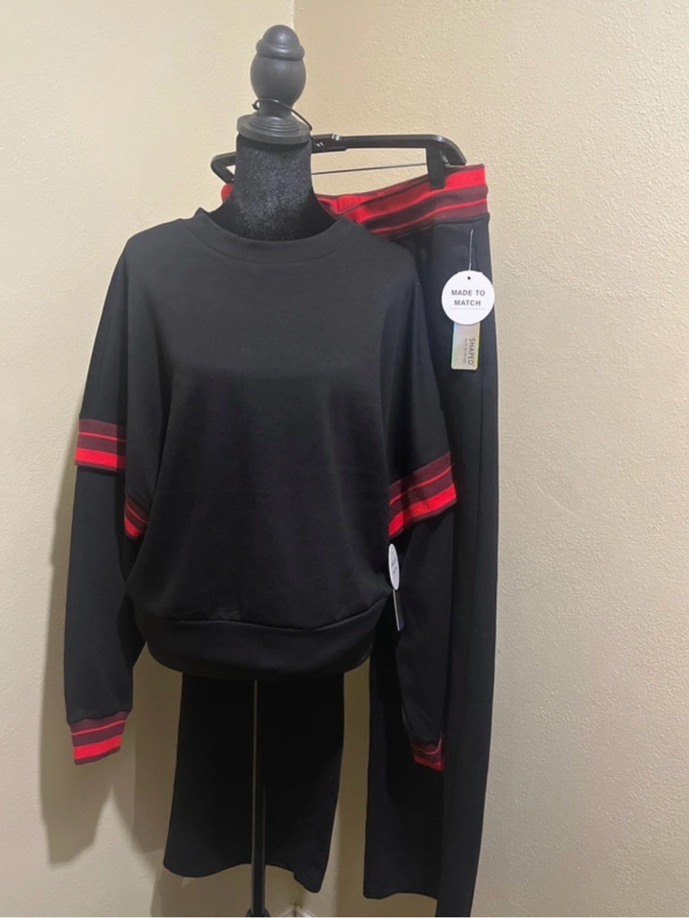 Women’s Black Sweater with Red Stripe Detail and wide leg pants set